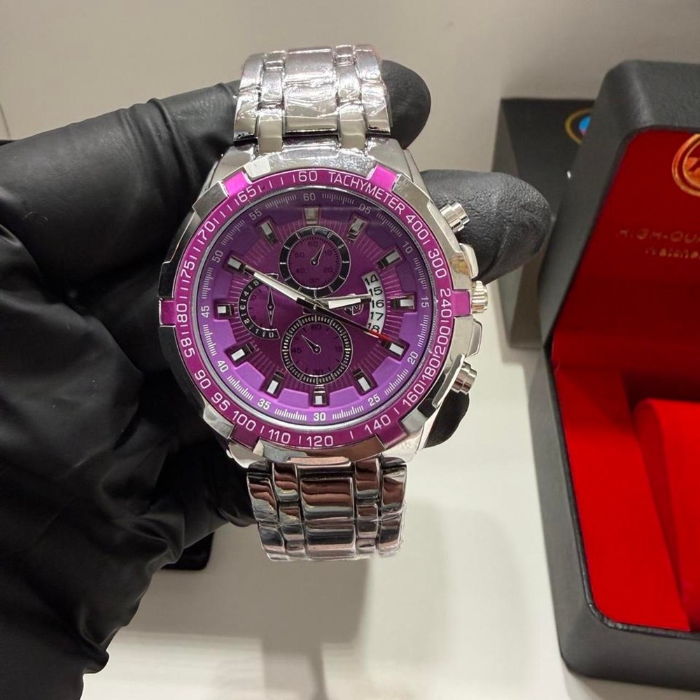 AJ Brand Silver Men's Chronograph Watch purple Dial Gold stainless steel band